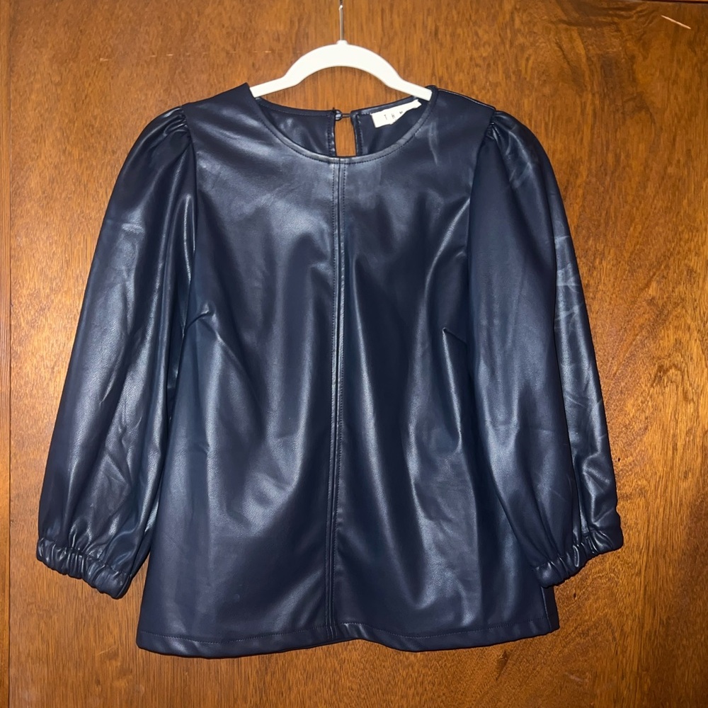 THML NAVY BLUE Faux Leather Puff Sleeve Top